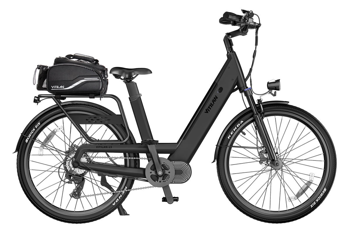urban bike e bike Vitilan L5 Urban Commuter Electric Bike, Black / With Waterproof Bike Rack Bag