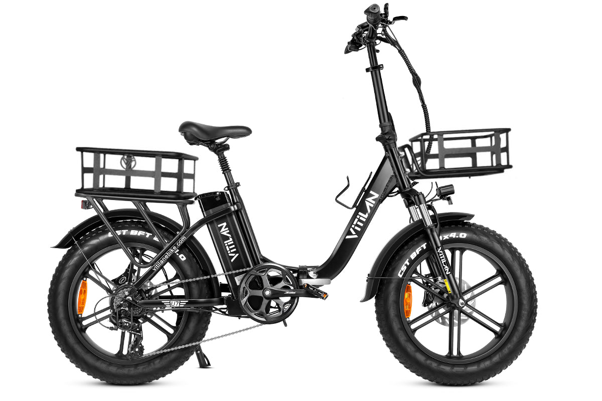 fat wheel electric bicycle U7 Step-thru Foldable Fat Tire Electric Bike, U7 2.0 20AH / Black / Front and Back Baskets