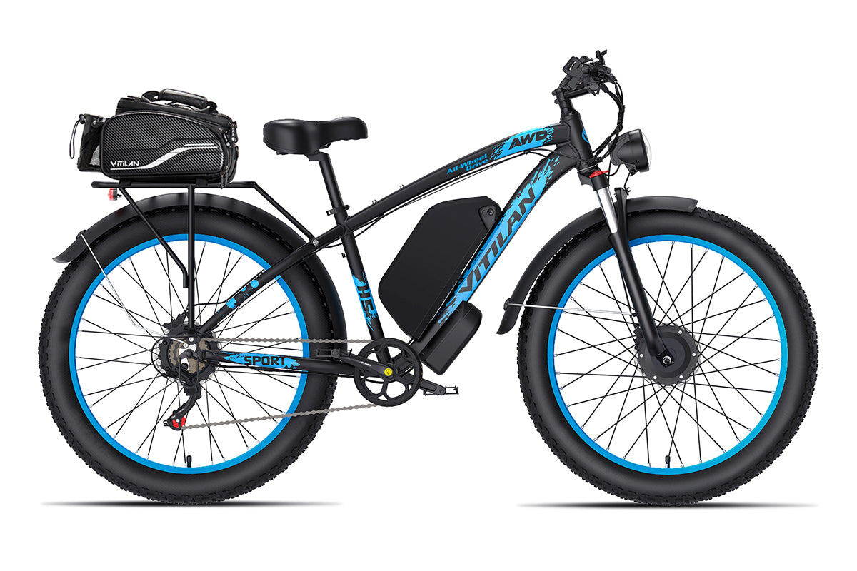 Vitilan H5 Dual Motor Fat Tire Electric Bike, Blue / Waterproof Bike Rack Bag Vitilan H5 Dual Motor Fat Tire Electric Bike, Blue / Waterproof Bike Rack Bag