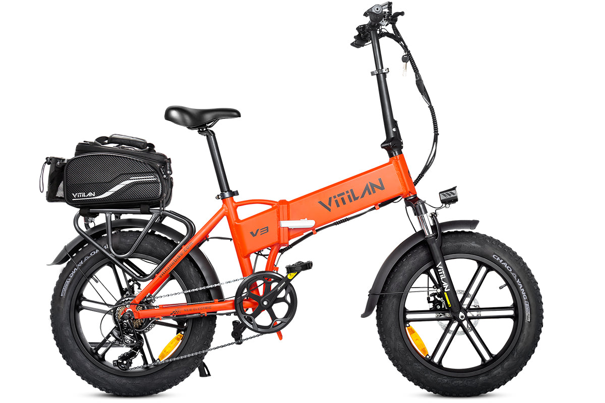 motor electric bicycle V3 2.0 Folding Fat Tires Adult All Terrain Electric Bike, orange / Waterproof Bike Rack Bag
